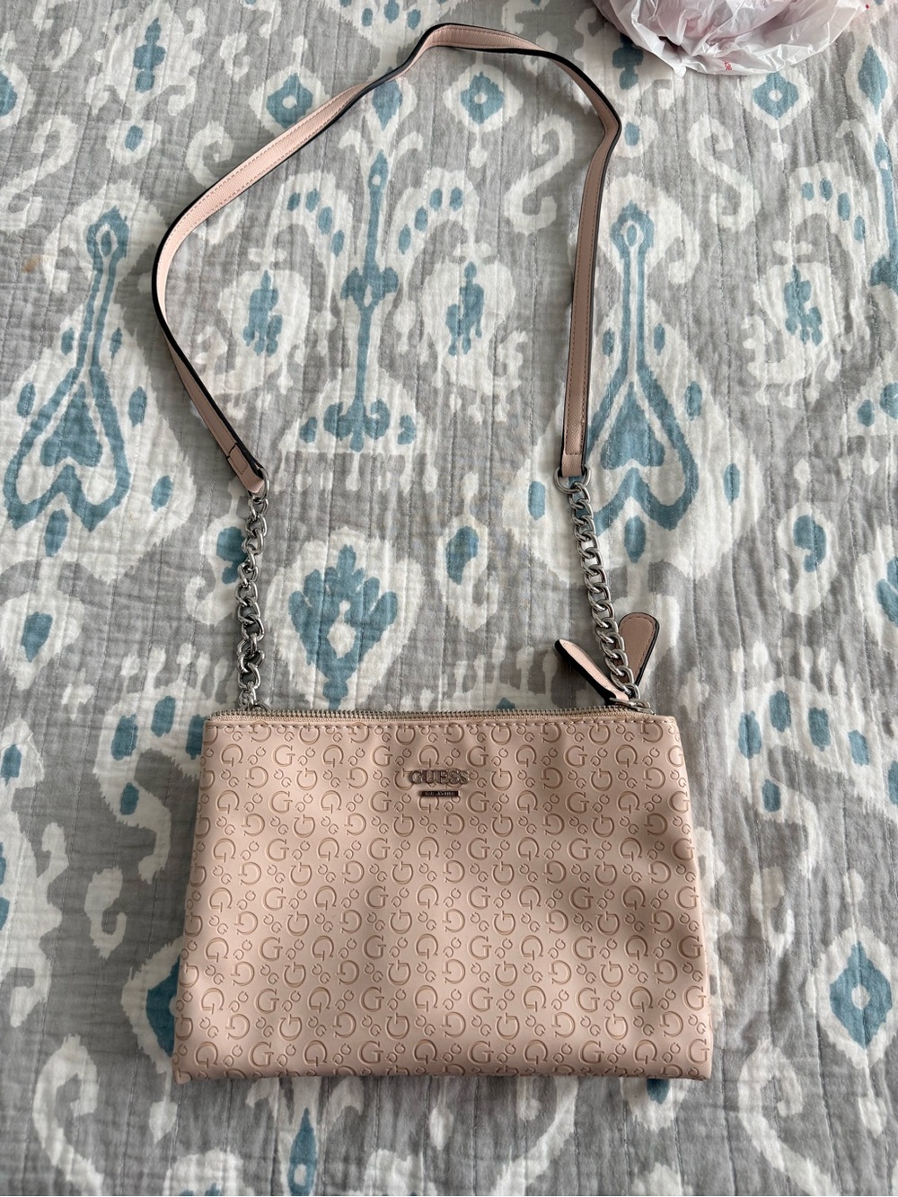 GUESS Blush Pink Logo-Embossed Crossbody with Chain Strap